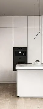 Modern style white kitchen interior design with island. Horizontal banner Stock-Illustration