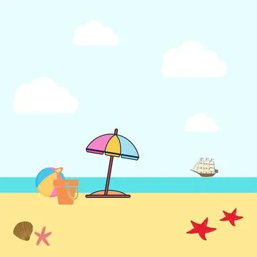 Modern styled beach scene vector illustration with sunshade, beach ball. Stock Illustration