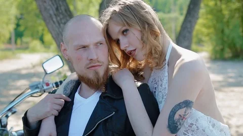 Modern stylish biker wedding Stock Footage 70128232