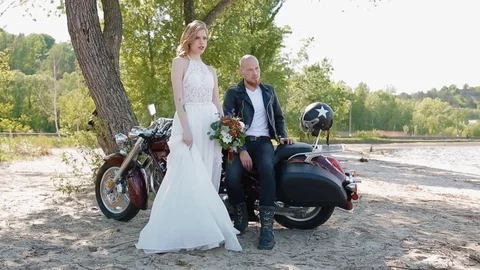 Modern stylish biker wedding Stock Footage 73286603