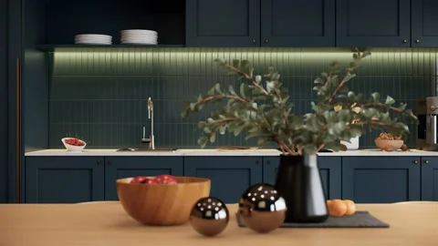 Modern stylish interior of kitchen-dining room. 3d rendering close up wood table Stock Footage 237504571