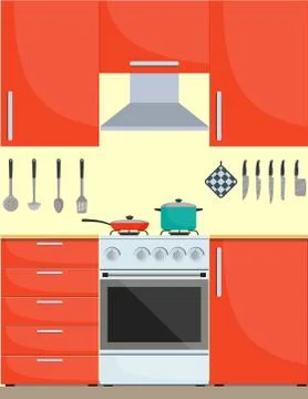 Modern stylish kitchen interior. Kitchen utensils and appliances, furniture,  Stock Illustration