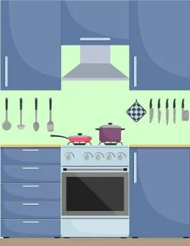 Modern stylish kitchen interior. Kitchen utensils and appliances, furniture,  Stock Illustration