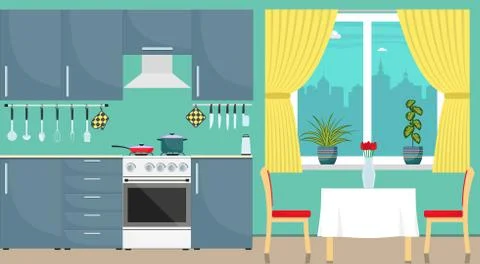 Modern stylish kitchen interior. Kitchen utensils and appliances, furniture,  Stock Illustration