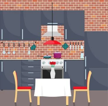 Modern stylish kitchen interior. Kitchen utensils and appliances, furniture,  Stock Illustration