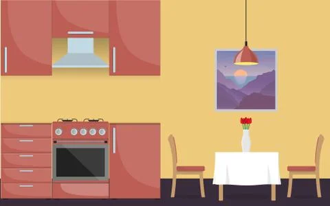 Modern stylish kitchen interior. Kitchen furniture, gas stove, dining table a Stock Illustration