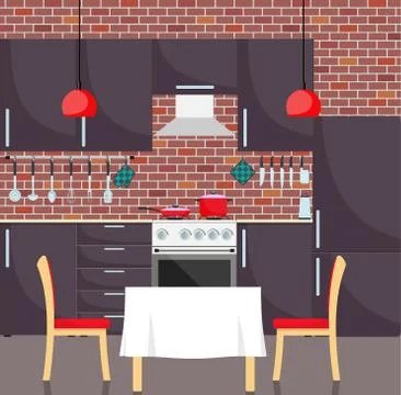 Modern stylish kitchen interior. Kitchen utensils and appliances, furniture,  Stock Illustration