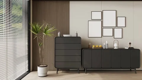 Modern Stylish Sideboard Buffet Cabinet In Beautiful Living Room Interior Stock Footage 341609720