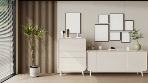 Modern Stylish Sideboard Buffet Cabinet In Beautiful Living Room Interior Stock Footage 341609984