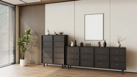 Modern Stylish Sideboard Buffet Cabinet In Beautiful Living Room Interior Stock Footage 341610510