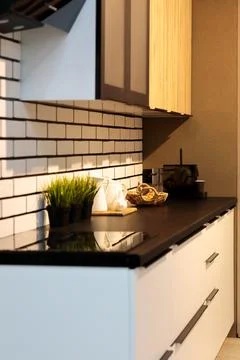 Modern stylish small kitchen layout Stock Photos