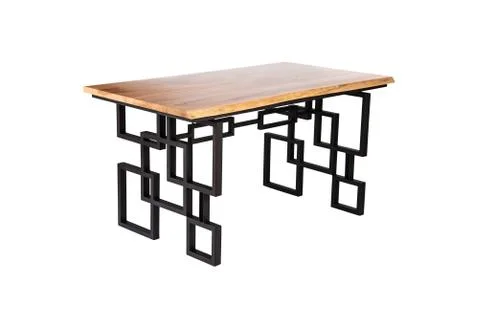 Modern stylish table in Loft style: wooden oak cover and geometric metal base in Fotos Stock