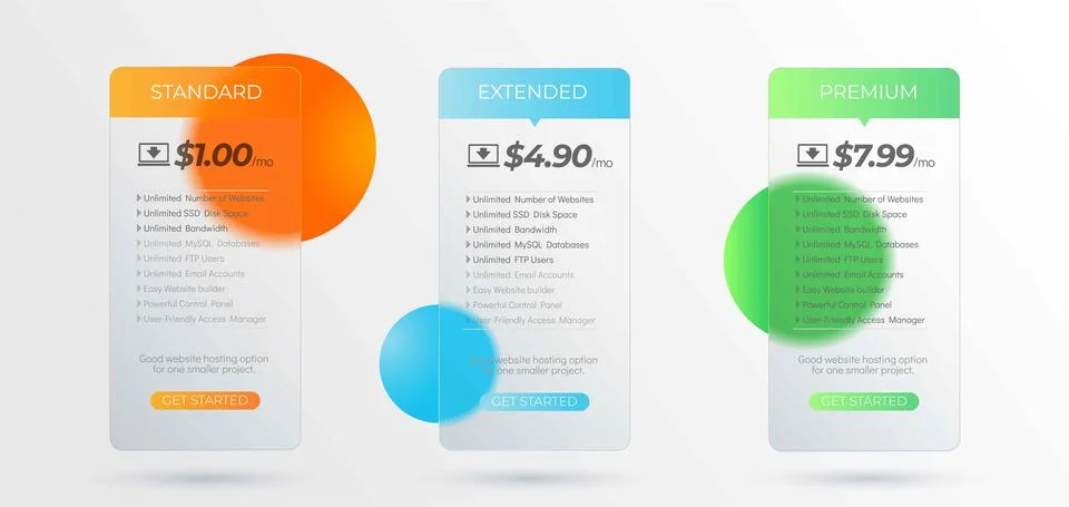 Modern subscription plan table template. Web hosting pricing plans for websites 스톡 일러스트