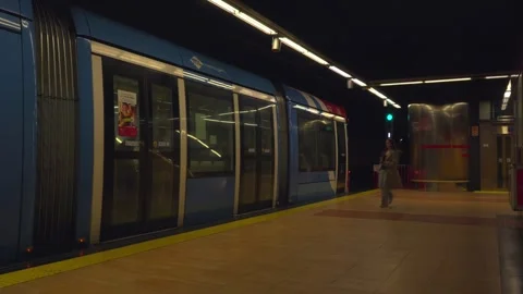Modern subway train arriving at the station at night Stock-Footage 332649273