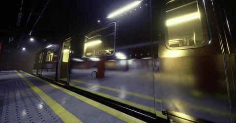 Modern subway train in a dimly lit underground station at night Illustrazione stock