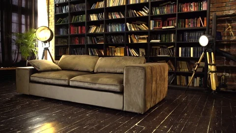 Modern suede couch sofa in loft Stock Footage 125336986