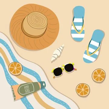 Modern summer flat illustration featuring a hat, flip flops, seashells, ora.. Stock Illustration