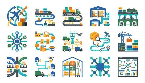 Modern supply chain and logistics network illustration with transportation .. 스톡 일러스트