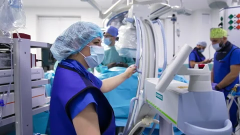 Modern surgery theatre full of technological equipment.  Stock Footage 173910253
