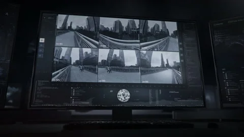 Modern Surveillance Camera Interface On Screen Shows People Walking On Bridge Stock Footage 160848545