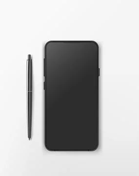 Modern tablet computer with black blank screen and black pen. Flat lay 3d vec Stock Illustration