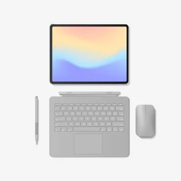 Modern tablet computer with keyboard mouse pen and colored screen Stock Illustration