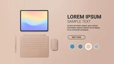 Modern tablet computer with keyboard mouse pen and colored screen realistic Stock Illustration