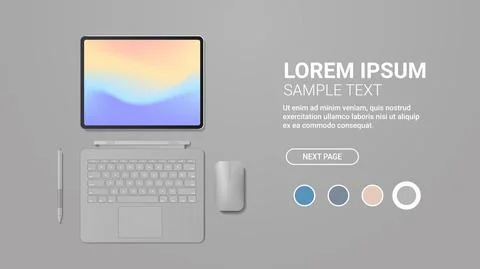 Modern tablet computer with keyboard mouse pen and colored screen realistic Stock Illustration