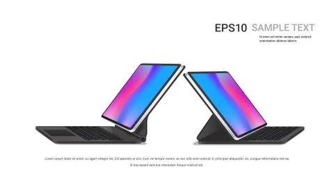 Modern tablet computers with keyboard and colored screens isolated on white Stock Illustration
