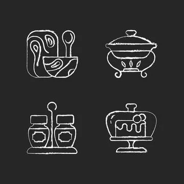 Modern tableware chalk white icons set on dark background Stock-Illustration