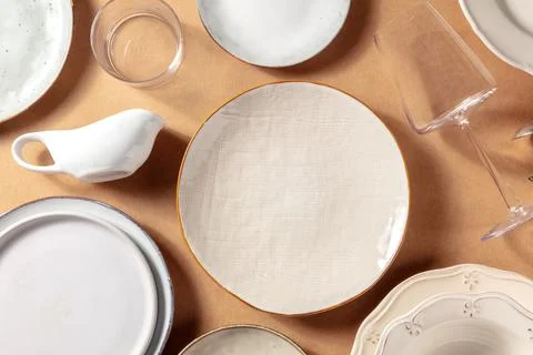 Modern tableware, overhead flat lay shot on a rustic background Stock Photos