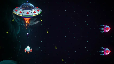 Modern take on a retro-style space arcade game: boss fight and game over Video stock 319369010