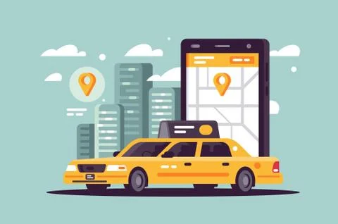 Modern taxi call using smartphone and online application. Illustrazione stock