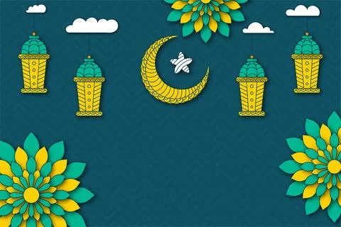 Modern Teal Islamic Background with Paper Cut Flowers Clouds and Yellow Lan.. Stock Illustration