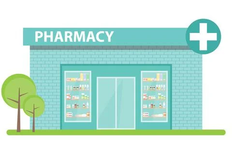 Modern Teal Pharmacy Store Building Facade With Large Cross Sign Stock Illustration