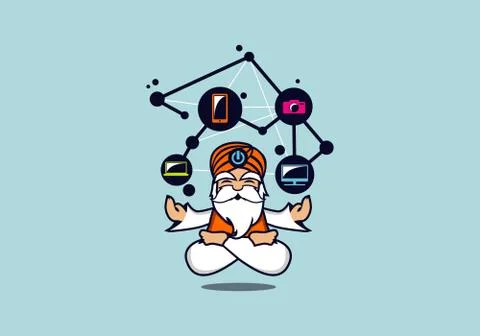 Modern tech bearded gadget guru cartoon mascot vector illustration Stock Illustration