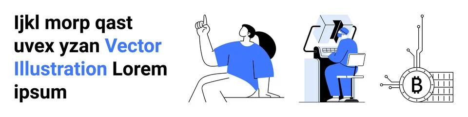 Modern Tech Elements Including Typography, Remote Work, and Cryptocurrency .. Stock Illustration