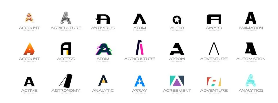 Modern tech letter A logos set for branding, corporate identity, startup design Stock Illustration