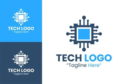 Modern Tech Logo with Square Chip and Circuit Network Stock Illustration