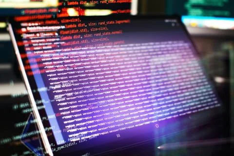 Modern tech. PHP syntax highlighted. Writing programming functions on laptop. Foto stock