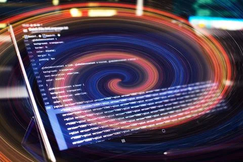 Modern tech. PHP syntax highlighted. Writing programming functions on laptop. 스톡 사진