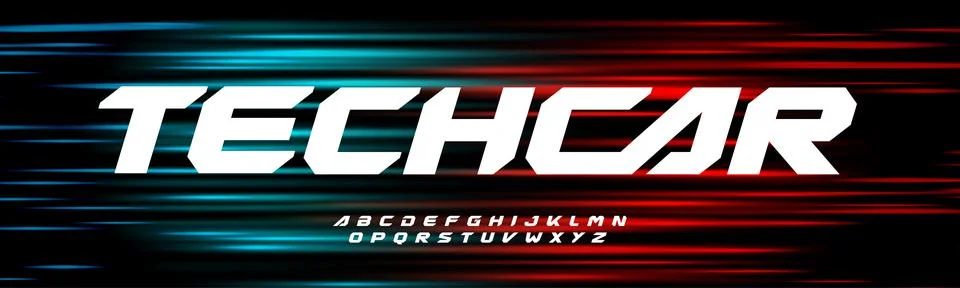 Modern Tech Racing Font With Speed Lines Effect On Red, Turquoise, Neon Light Stock Illustration