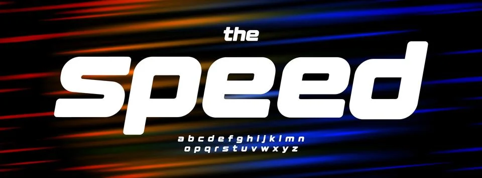 Modern Tech Racing Font With Speed Lines Effect On Red, Turquoise, Neon Light Stock Illustration