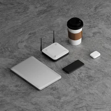 Modern Tech Workspace Flat Lay Stock-Fotos