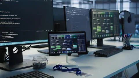 Modern tech workspace with multiple monitors Stock Photos