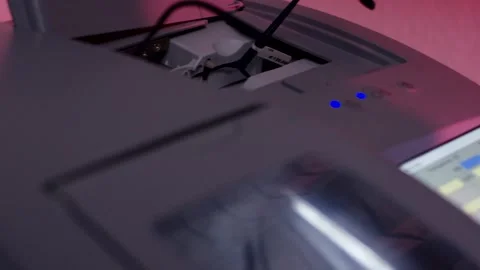 Modern Technical Device with Control Panel, Magenta Ambient Light, Close Up Stock Footage 341522684