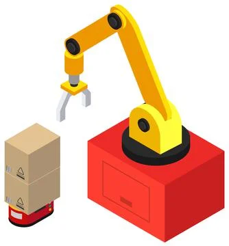 Modern technical manipulator picks up boxes with parcels. Robotic arm mechanical Illustrazione stock