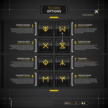 Modern techno layout with 8 options and different abstract icons. EPS10. Stock Illustration