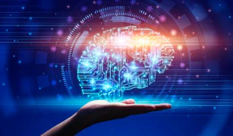 Modern Technologies And AI. Hand demonstrating digital brain hologram in circuit Stock Photos