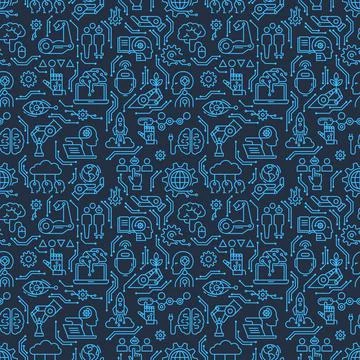 Modern technologies of the future in a seamless pattern of linear icons in two Stock Illustration